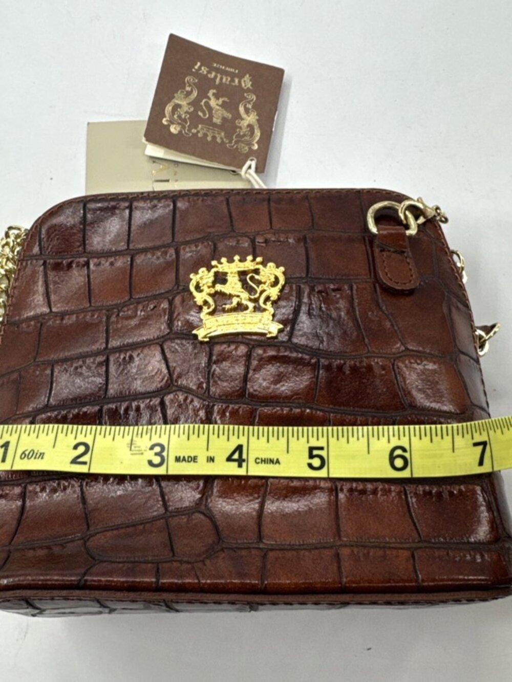 Pratesi Firenze Brown Croc Embossed Italian Leather Crossbody Bag Gold Chain NEW - Picture 6 of 15
